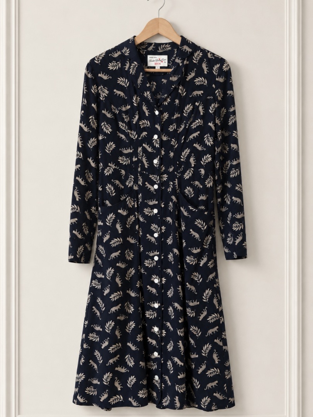 HVN Sarah Silk Button-Down Dress Leopard & Leaf Print